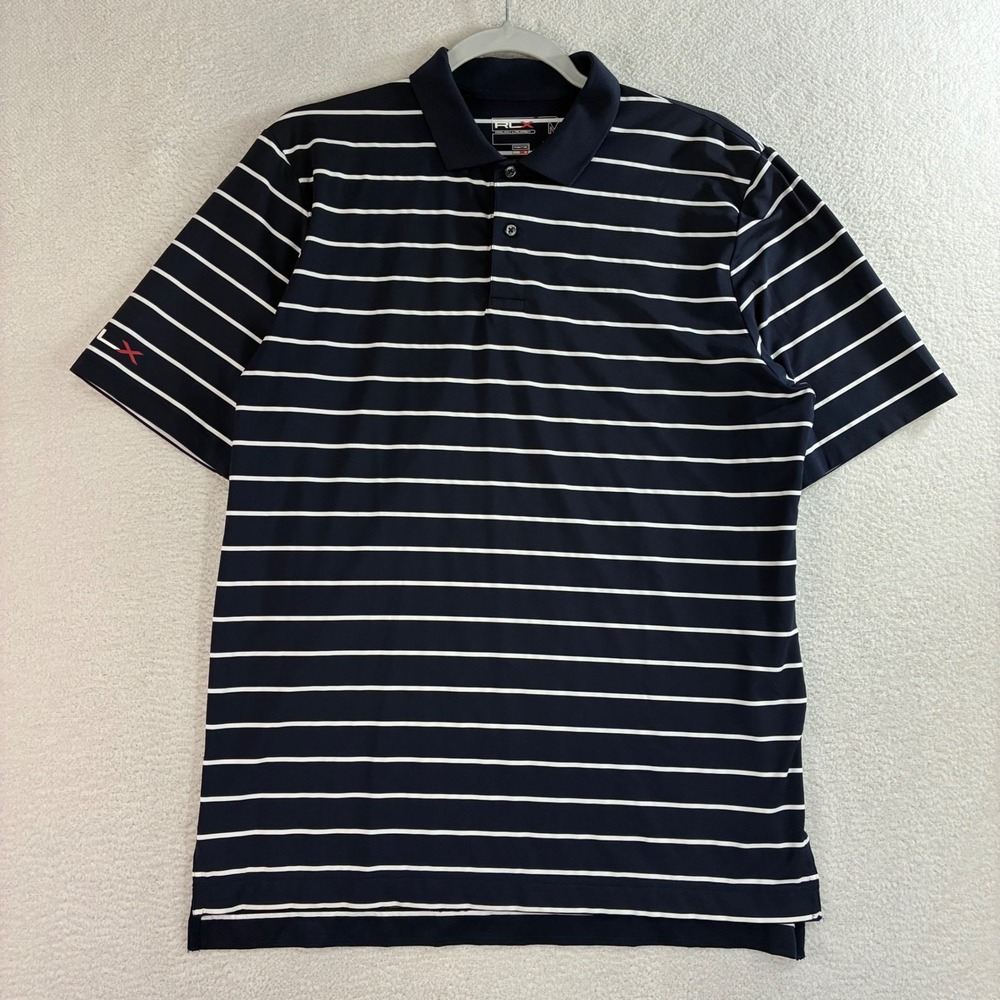 RLX Ralph Lauren Performance Golf Polo Shirt Mens M Blue Striped Stretch Preppy‎